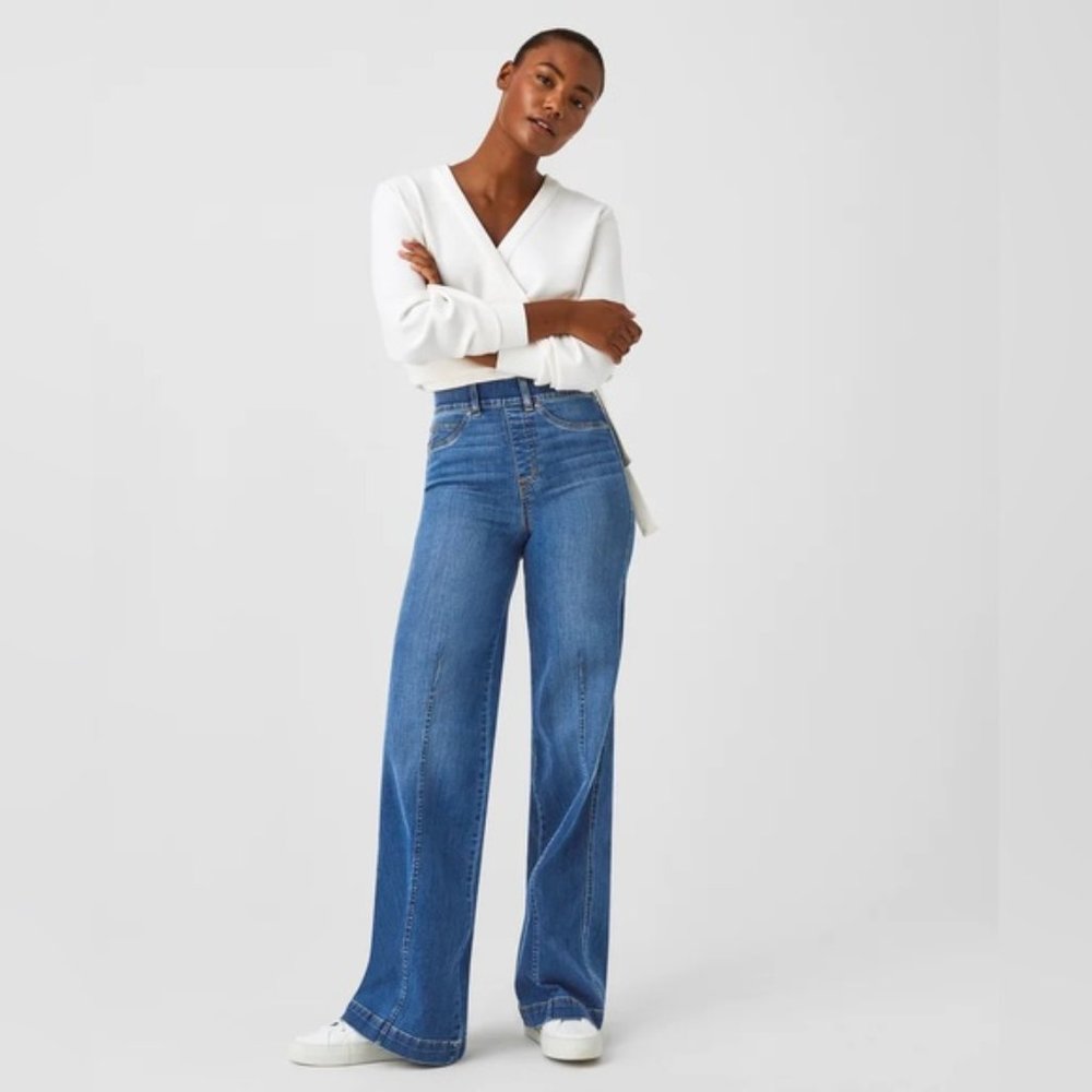 NWT wide leg PLUS 1X petite JEANS stretch ANTHROPOLOGIE $168 pullon smooth front
